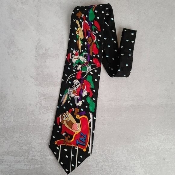 VTG 90's Looney Tunes Holiday Silk Polka Dot Tie - Picture 8 of 8